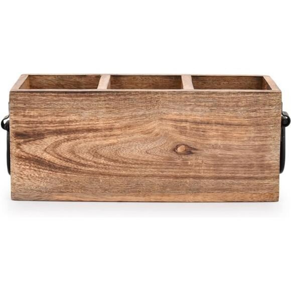 Mango wood cutlery holder utensil caddy kitchen countertop organizer rustic tray - Picture 5 of 7